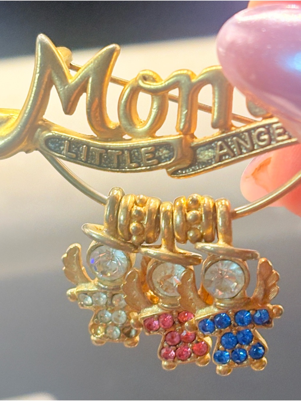 Vintage KIS Mom’s Little Angels Brooch 3 Rhinestone Birthstone Charms USA